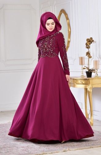 فستان سهرة بتفاصيل مُطرزة بالخرز 0121-05 لون كرزي 0121-05