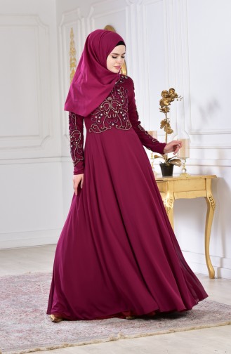 Robe de Soirée Bordée de Perles 0121-05 Cerise 0121-05