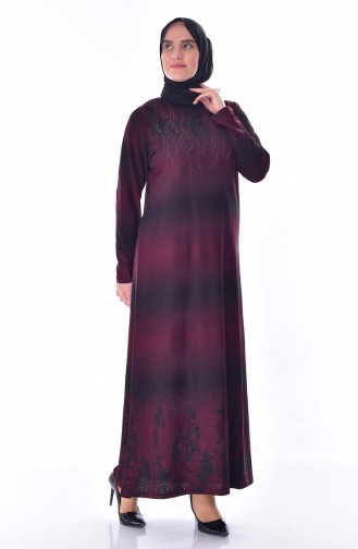 Büyük Beden Taş Baskılı Elbise 4888-06 Bordo