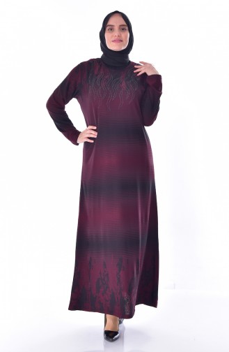 Large Size Stones Printed Dress 4888-06 Claret Red 4888-06
