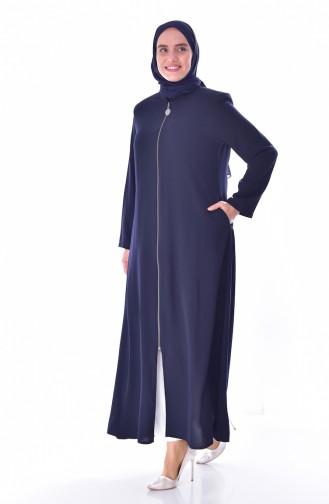 Large size Judge Collar Zippered Abaya 12054-04 Navy Blue 12054-04