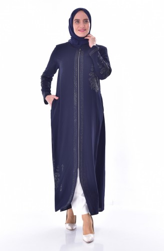 Large Size Stone Printed Zippered Abaya 3021-04 Navy 3021-04