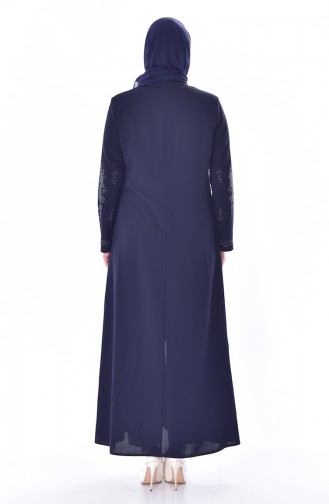Abaya a Fermeture Imprimée de Pierre Grande Taille 3021-04 Bleu Marine 3021-04