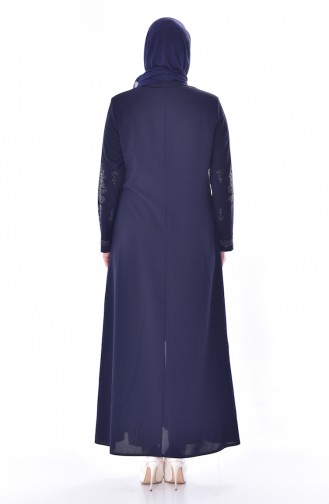 Large Size Stone Printed Zippered Abaya 3021-04 Navy 3021-04