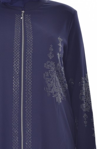 Large Size Stone Printed Zippered Abaya 3021-04 Navy 3021-04