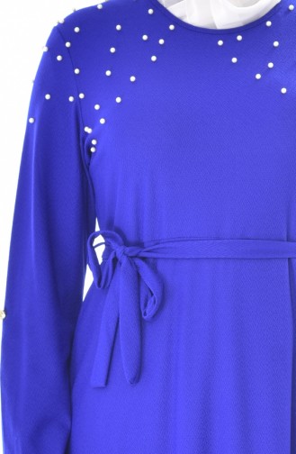 فستان بتفاصيل من اللؤلؤ بمقاسات كبيرة 0543-05 لون أزرق 0543-05