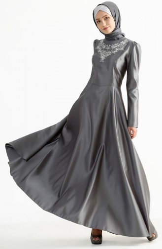 Gray Hijab Evening Dress 7292-01