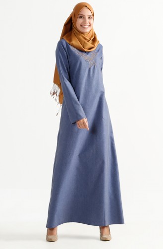 Nakışlı Elbise 2975-10 Kot Mavi