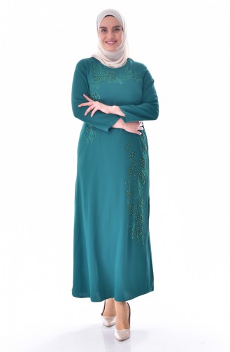 فستان بتفاصيل من اللؤلؤ بمقاسات كبيرة 1113B-03 لون أخضر زمردي 1113B-03