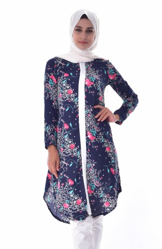 Flower Patterned Tunic 1933A-01 Navy Blue 1933A-01