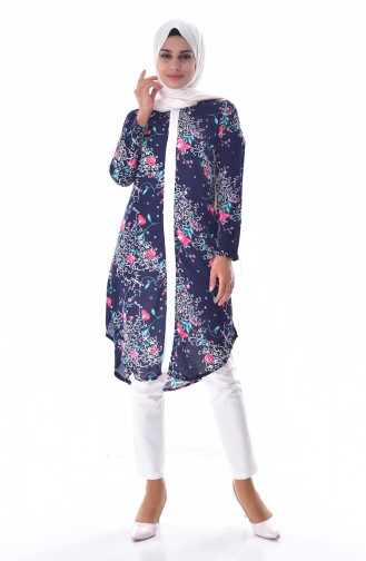 Flower Patterned Tunic 1933A-01 Navy Blue 1933A-01