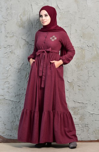 Stone Detailed Dress 2030-01 Claret Red 2030-01