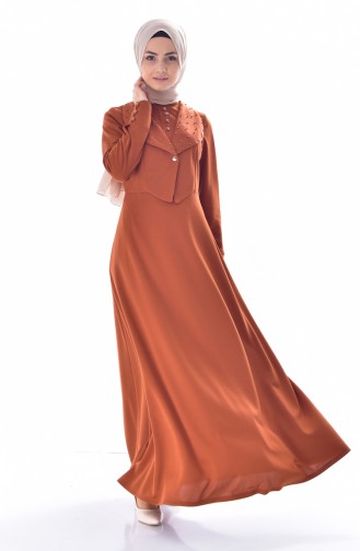 فستان مُزين بتفاصيل من اللؤلؤ1867-04 لون عسلي 1867-04