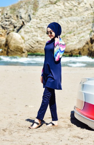 Maillot de Bain Hijab Imprimé 1855-01 Bleu Marine 1855-01
