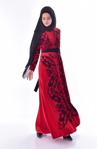 Patterned Belted Velvet Dress 24542-02 Bordeaux 24542-02