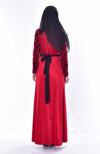 Patterned Belted Velvet Dress 24542-02 Bordeaux 24542-02