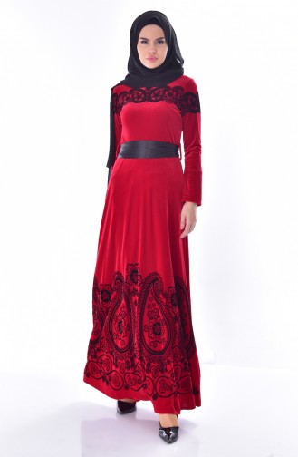 Desenli Kuşaklı Kadife Elbise 7708-03 Kırmızı 7708-03