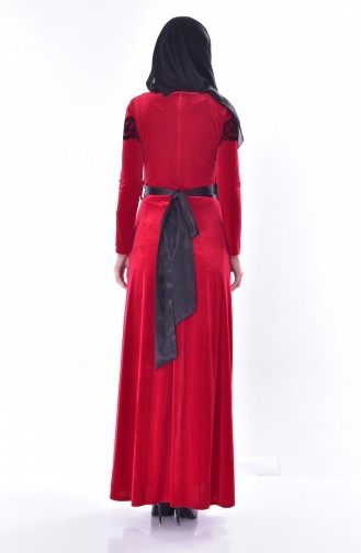 Desenli Kuşaklı Kadife Elbise 7708-03 Kırmızı