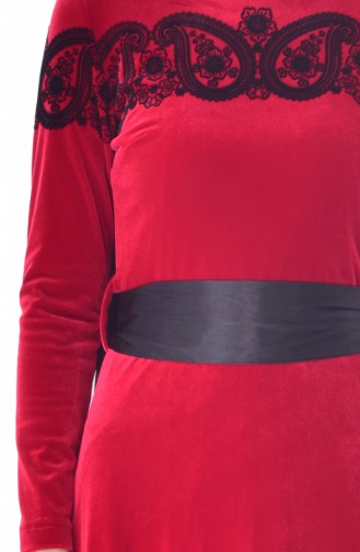 Desenli Kuşaklı Kadife Elbise 7708-03 Kırmızı 7708-03