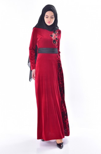 Embroidered Belted Velvet Dress 7725-02 Red 7725-02