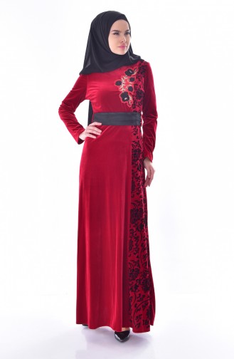 Nakışlı Kuşaklı Kadife Elbise 7725-02 Kırmızı