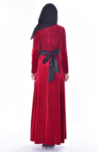 Embroidered Belted Velvet Dress 7725-02 Red 7725-02