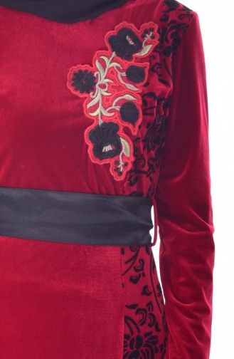 Embroidered Belted Velvet Dress 7725-02 Red 7725-02