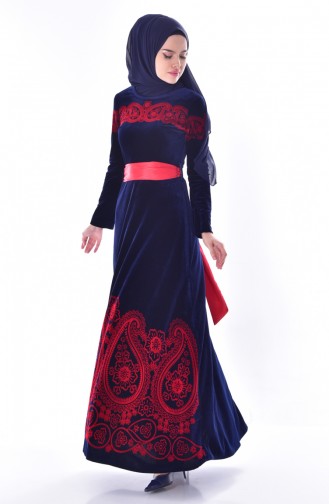 Patterned Belted Velvet Dress 7708-05 Navy 7708-05