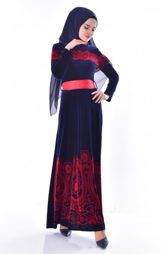 Patterned Belted Velvet Dress 7708-05 Navy 7708-05