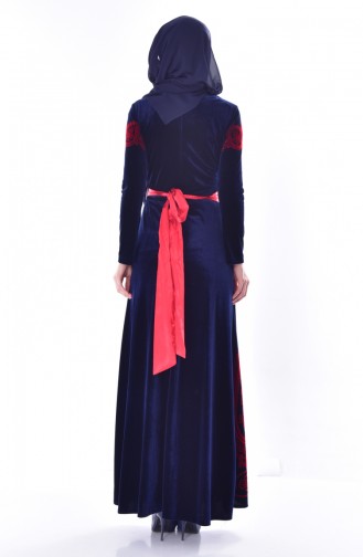 Patterned Belted Velvet Dress 7708-05 Navy 7708-05