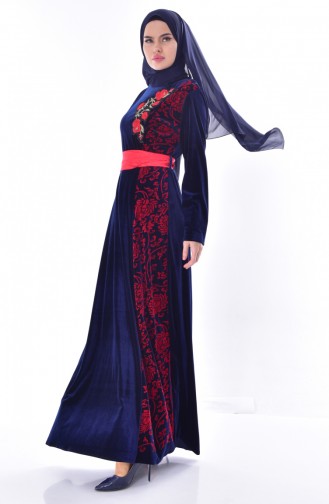 Embroidered Belted Velvet Dress 7725-01 Navy Blue 7725-01