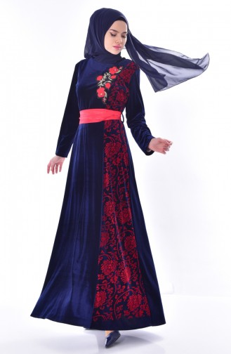 Embroidered Belted Velvet Dress 7725-01 Navy Blue 7725-01