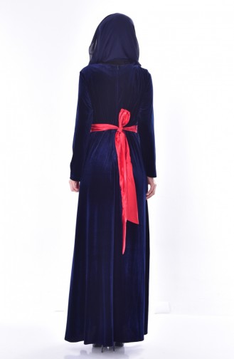 Embroidered Belted Velvet Dress 7725-01 Navy Blue 7725-01