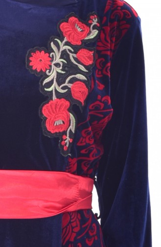 Embroidered Belted Velvet Dress 7725-01 Navy Blue 7725-01