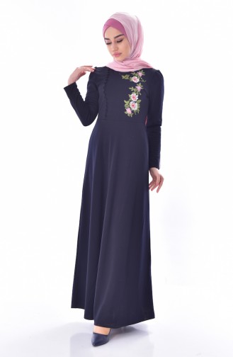 Embroidered Buttoned Dress 8028-13 Navy 8028-13