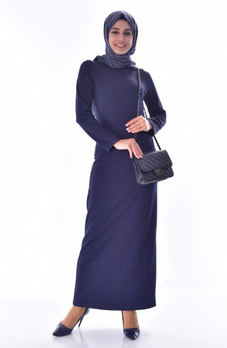 Embossed Patterned Dress 2031-01 Navy Blue 2031-01