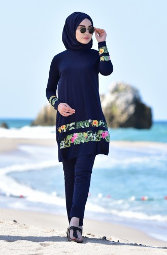 Maillot de Bain Islamique Garni 1992-04 Bleu Marine 1992-04