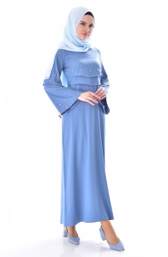 Taş Detaylı Allerli Elbise 0874-03 Mavi