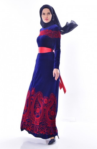 Robe Velours a Motifs et Ceinture 7708-04 Bleu Roi 7708-04