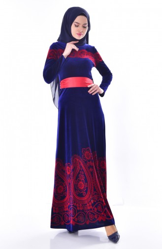 Robe Velours a Motifs et Ceinture 7708-04 Bleu Roi 7708-04