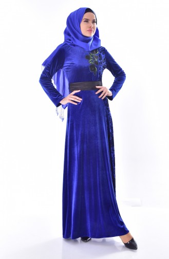 Embroidered Belted Velvet Dress 7725-03 Saks 7725-03