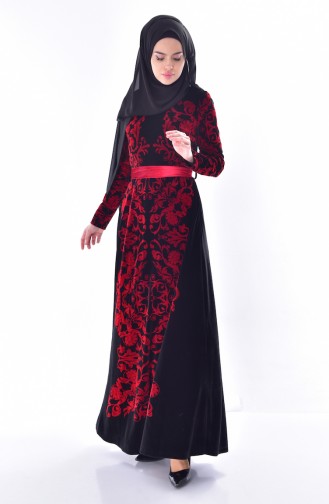 Desenli Kuşaklı Kadife Elbise 24542-01 Siyah