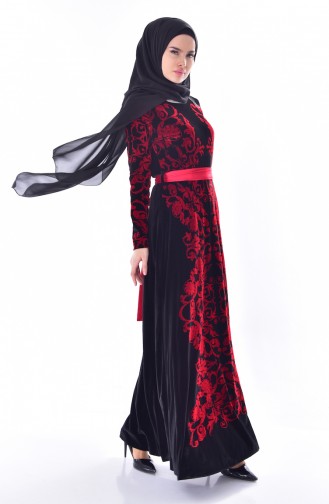 Patterned Belted Velvet Dress 24542-01 Black 24542-01