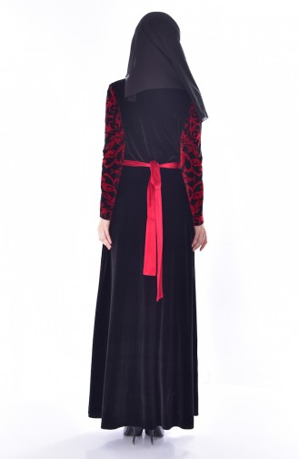 Desenli Kuşaklı Kadife Elbise 24542-01 Siyah