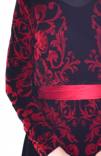 Patterned Belted Velvet Dress 24542-01 Black 24542-01