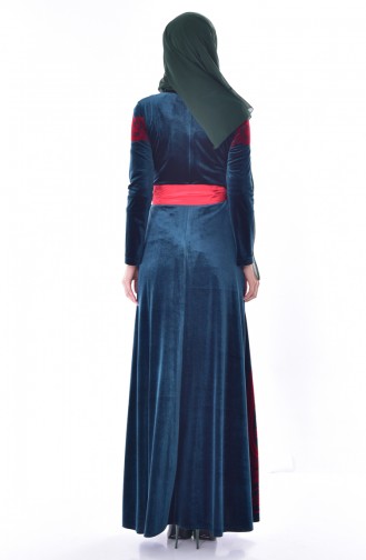 فستان بتصميم مُطبع وحزام للخصر 7708-01 لون اخضر زُمردي 7708-01