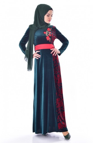 Embroidered Belted Velvet Dress 7725-04 Emerald Green 7725-04