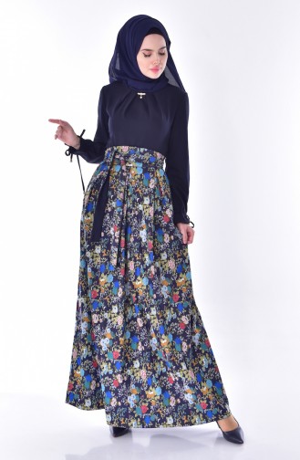 Patterned Belted Dress 23094-01 Navy Blue 23094-01