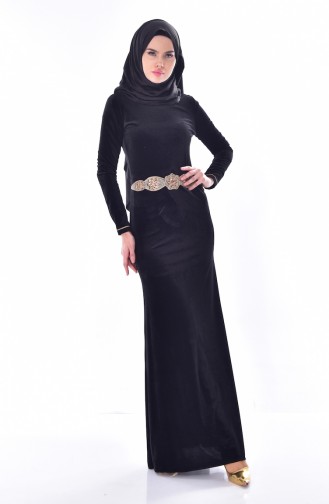 Taşlı Kadife Elbise 28208-01 Siyah