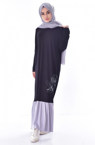 Baskılı Garnili Elbise 1031-01 Siyah